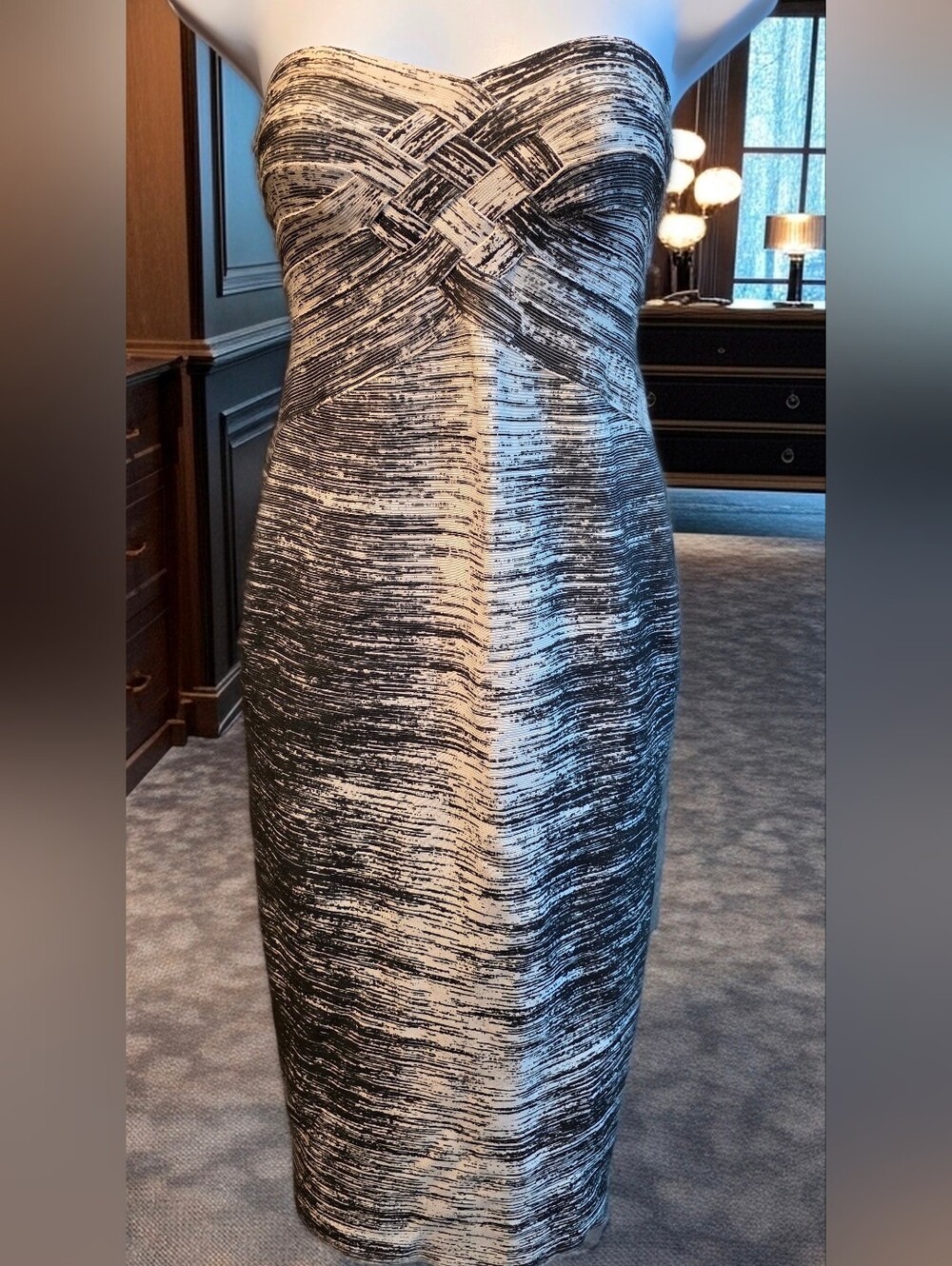 963 Hervé Léger Strapless Black & White Abstract Print Bandage Dress Size S